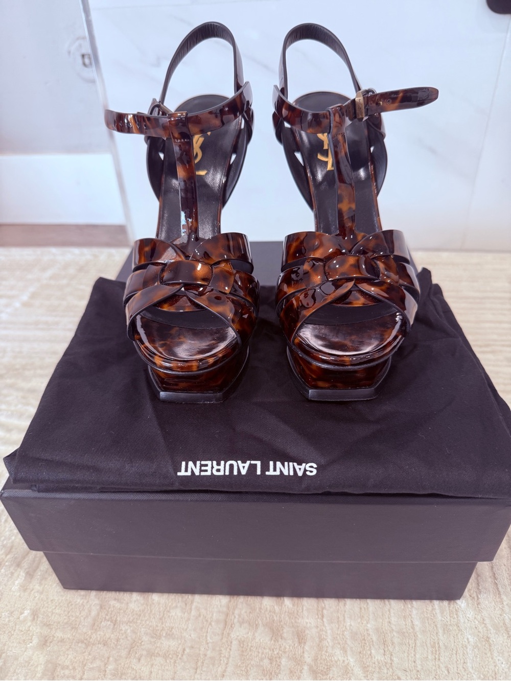 Yves Saint Laurent (YSL) Tortoiseshell Patent Platform Sandals - Brown